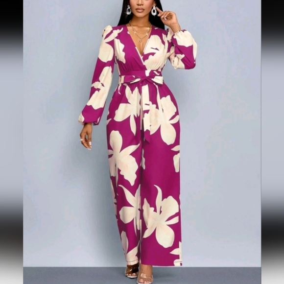 For Everyday Wear Elegant Allover Print Lantern Sleeve Wide Leg Jumpsui - Picture 4 of 6